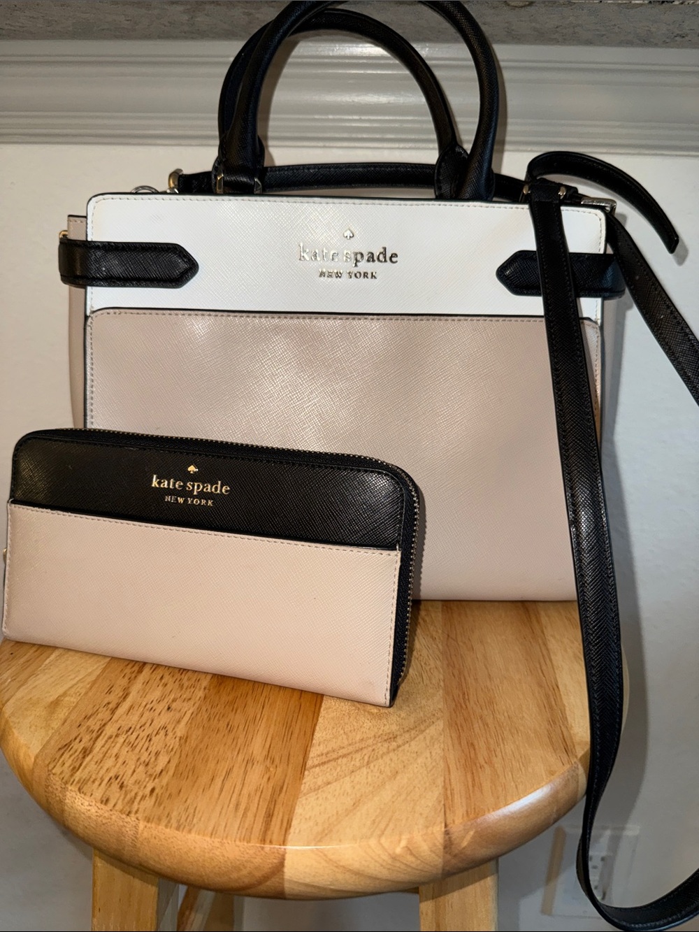 kate spade Blush, Black & White Colorblock Leather Satchel with Wallet